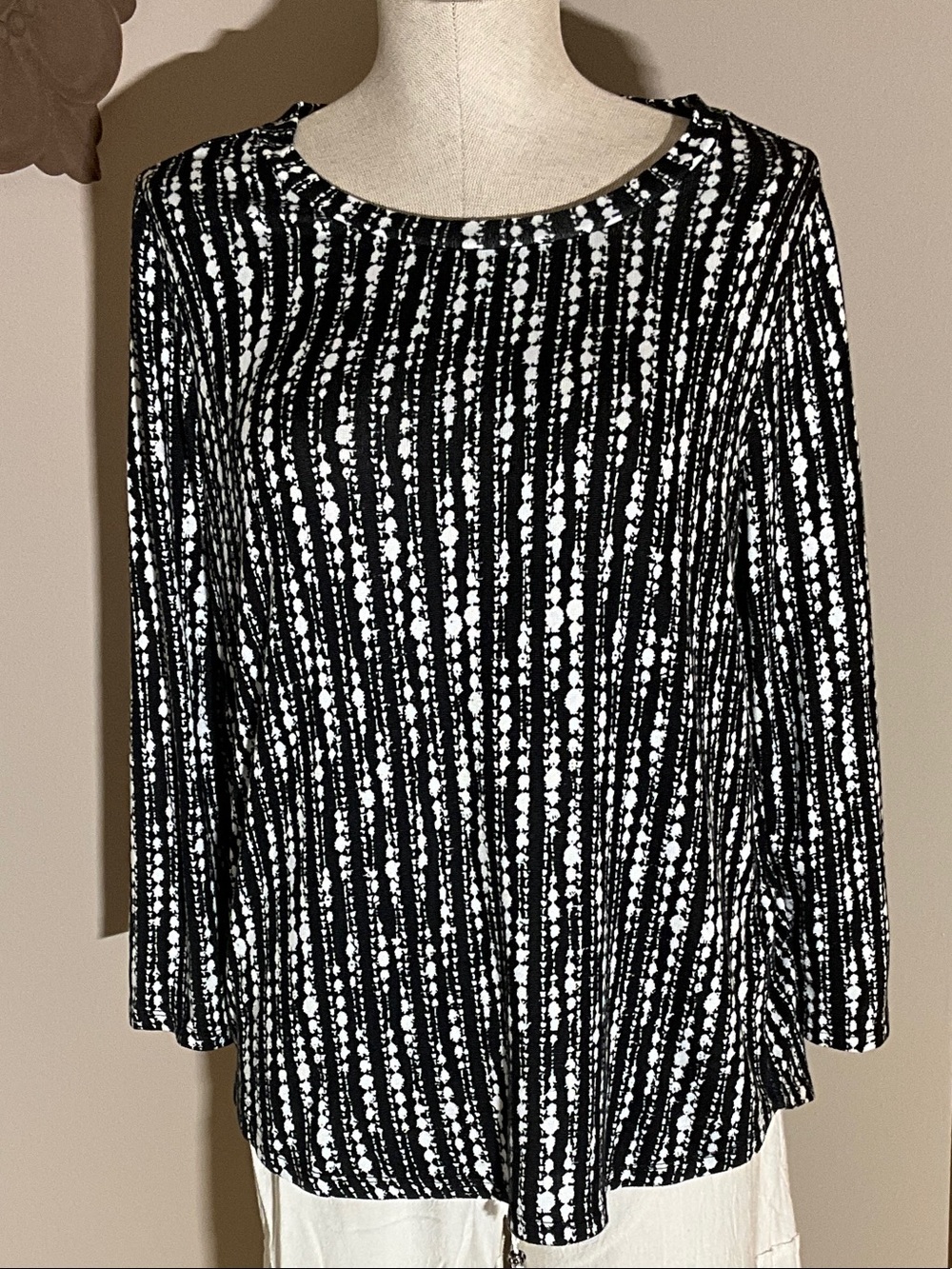 Liverpool Black and White Striped Dot-Print Long Sleeve Top
